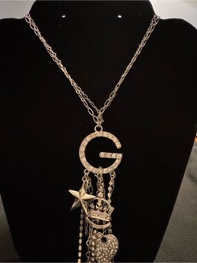GUESS Y2K Rhinestone G Crown Heart Star Charm Necklace 16”